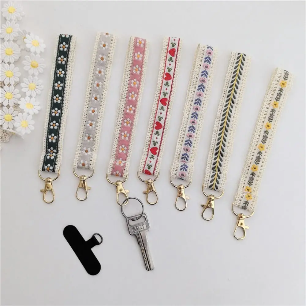 귀여운 분실 방지 레이스 손목 스트랩 천 펜던트 민족 스타일 랜야드 화려한 정교한 장식품 꽃 열쇠고리 소녀용