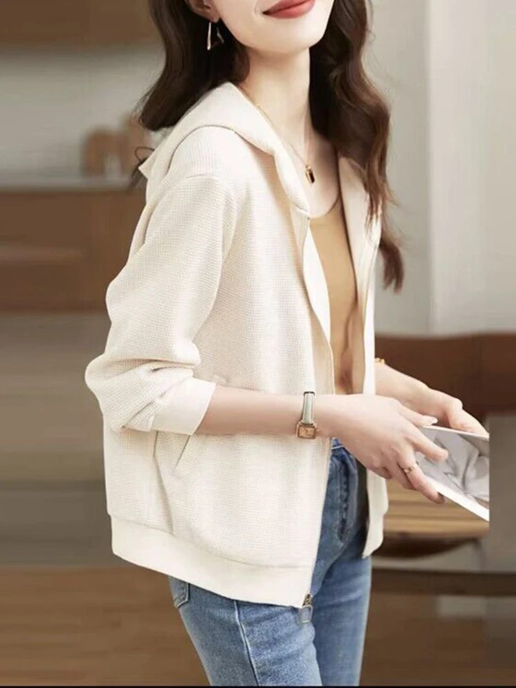 

Повседневная женская толстовка на молнии с капюшоном, модный удобный свободный кардиган, топ на весну-осень, новинка, однотонный