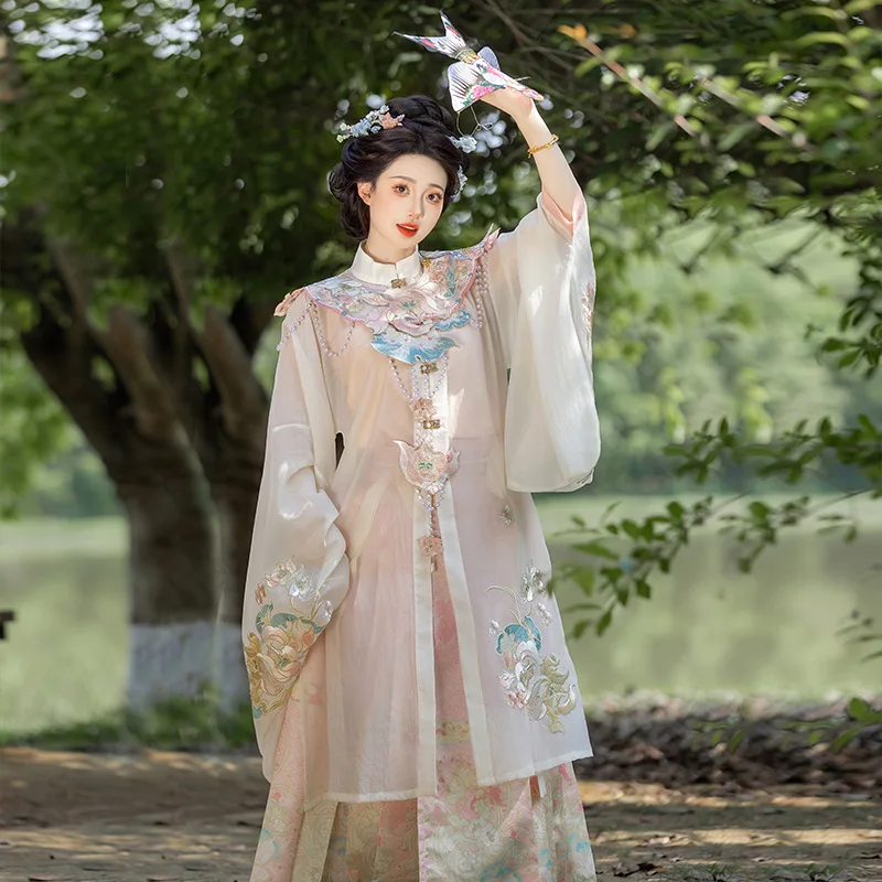 YJ40 Hanfu Female Horse Skirt 2024 New Style Chinese Style Embroidery Standing Collar Long Gown