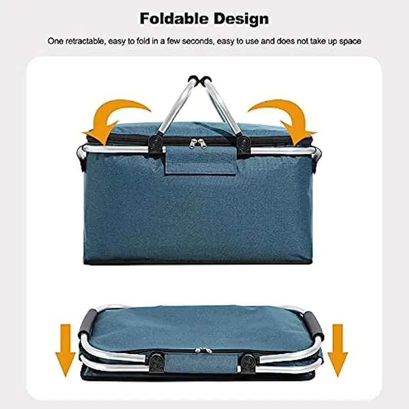 Insulated Picnic Basket Foldable Cooler Bag 26L Portable Cooler Basket Storage Basket With 2 Handles For Travel Picnic Shopping