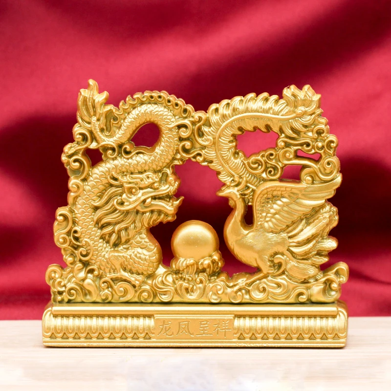 Vintage Style Dragon and Phoenix Auspicious Ornaments Golden Desktop Small Sculpture Home Porch Decor Ornament Decoration Craft