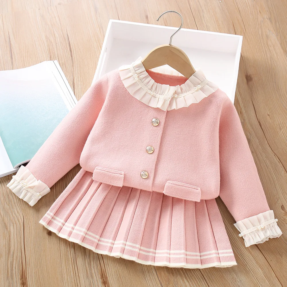 

Girls Knitted Clothes Sets Spring Autumn Children Woolen Jersey Sweaters Tops Skirts 2pcs Party Dress Suit For Baby Outfits Kids