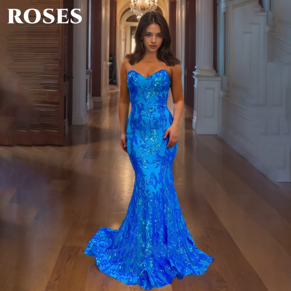 

ROSES Blue Gorgeous Prom Dress Sweetheart Backless Party Dress Shiny Lace Mermaid Evening Dresses robes de soirée Customized