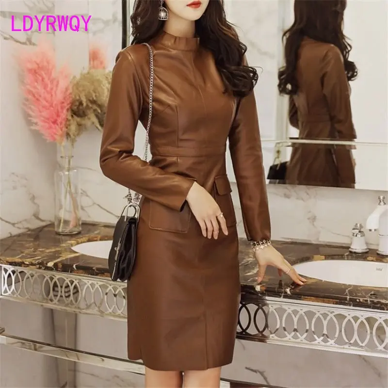 2023 autumn winter clothing  version slim fashion temperament leather coat bottomed long sleeve hip bag pu leather dress women