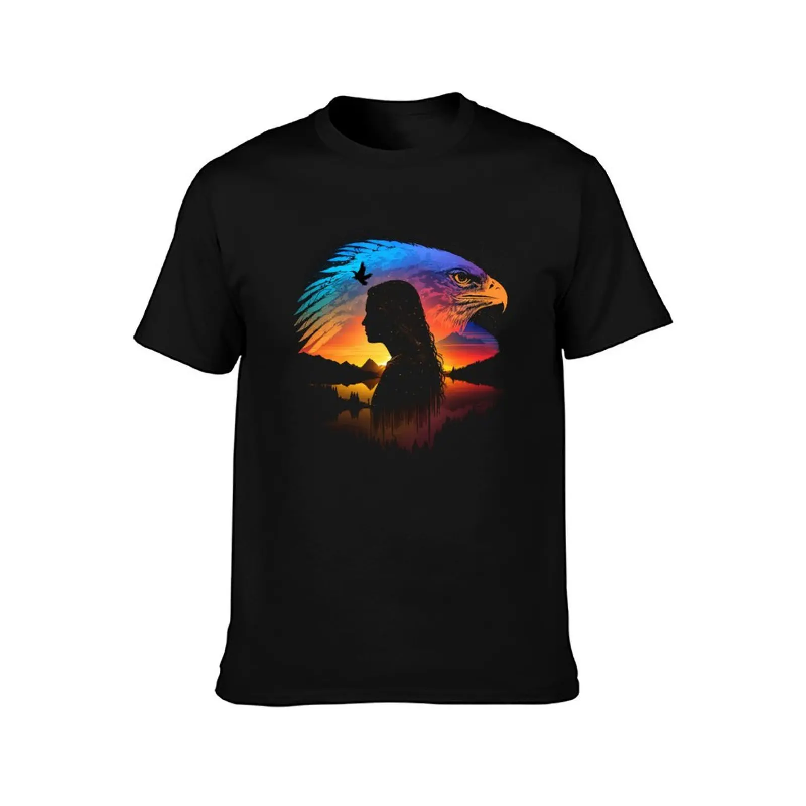 Silhouette American Native Woman with Eagle T-Shirt Summer Casual Cotton Tee Oversized Streetwear Tops Vintage Graphic Print
