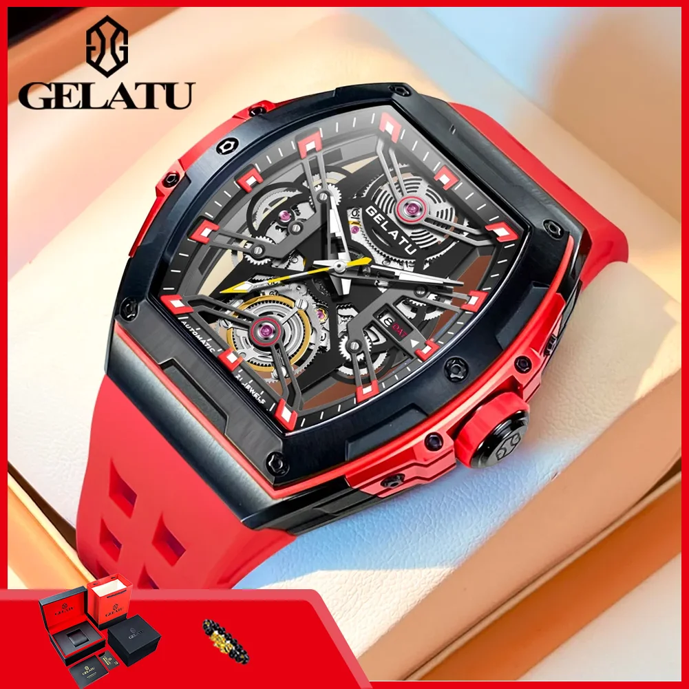 Montres pour hommes GELATU 6012, montres mécaniques automatiques à cadran creux, bracelet en silicone tendance, étanches, cadran tonneau