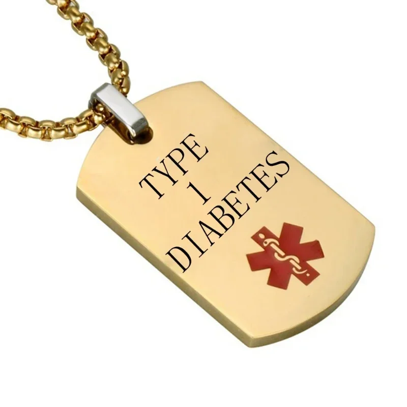 TYPE 1 DIABETES Gold Color Dog Tag Medical Alert ID Necklace for Men ICE SOS Personalize Jewelry Gifts