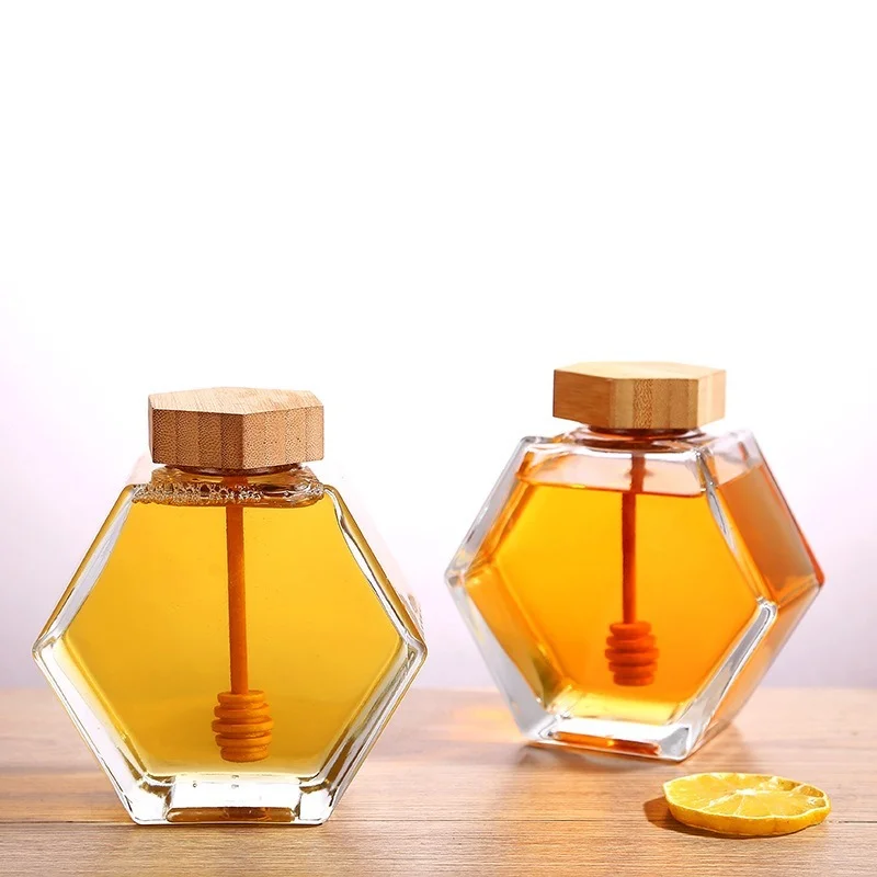 Hexagonal Glass Honey Bottle Wooden Stirring Rod Honey Packaging Bottle 220ML/380ML Small Honey Bottle Container Honey Jar