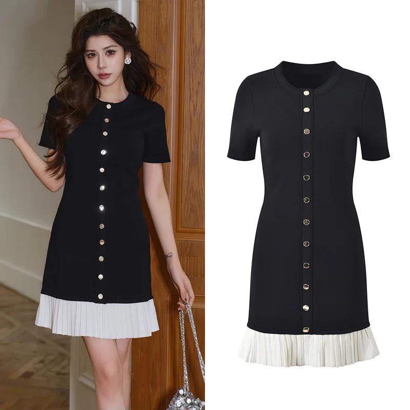 

Faionable Age-Defng Color Blo Pleated Hem Slimming round Ne Single Button ort Sve Dr Ele Commute Sle Hi...