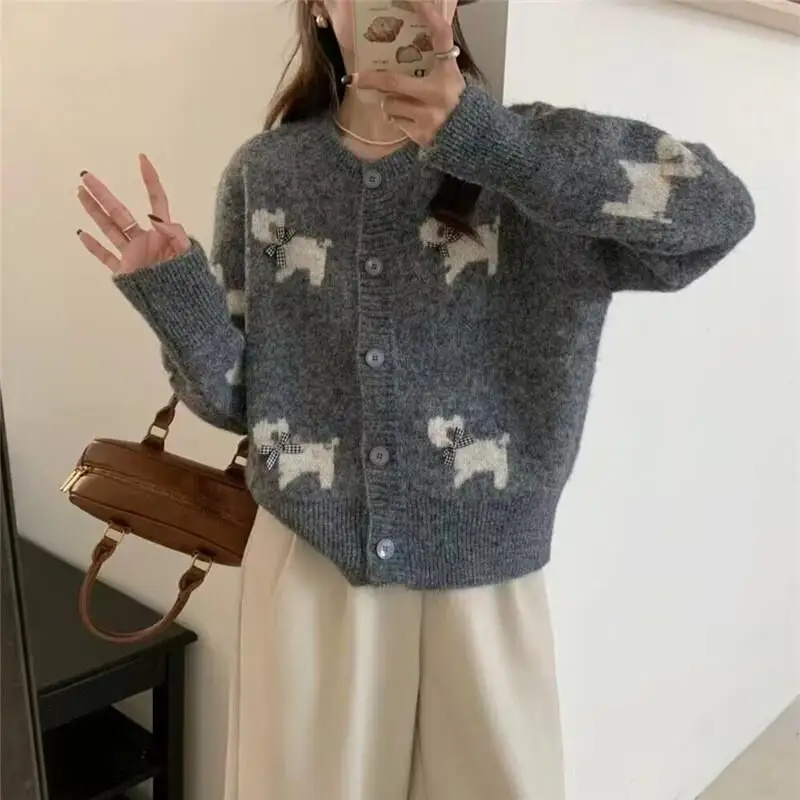 Faul Stil Vintage Cartoon Pullover Strickjacke Frauen Frühling Bogen Weiche Stricken Top Mantel Rundhals Lose Fit Casual Outwear Nette Kawaii