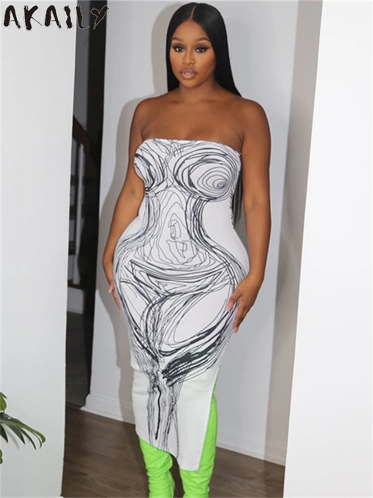 Akaily Winter Y2K Artistic Stripe Print Strapless Long Dress Nights Clubwear Women 2024 Sleeveless Sexy Backless Party Vestidos