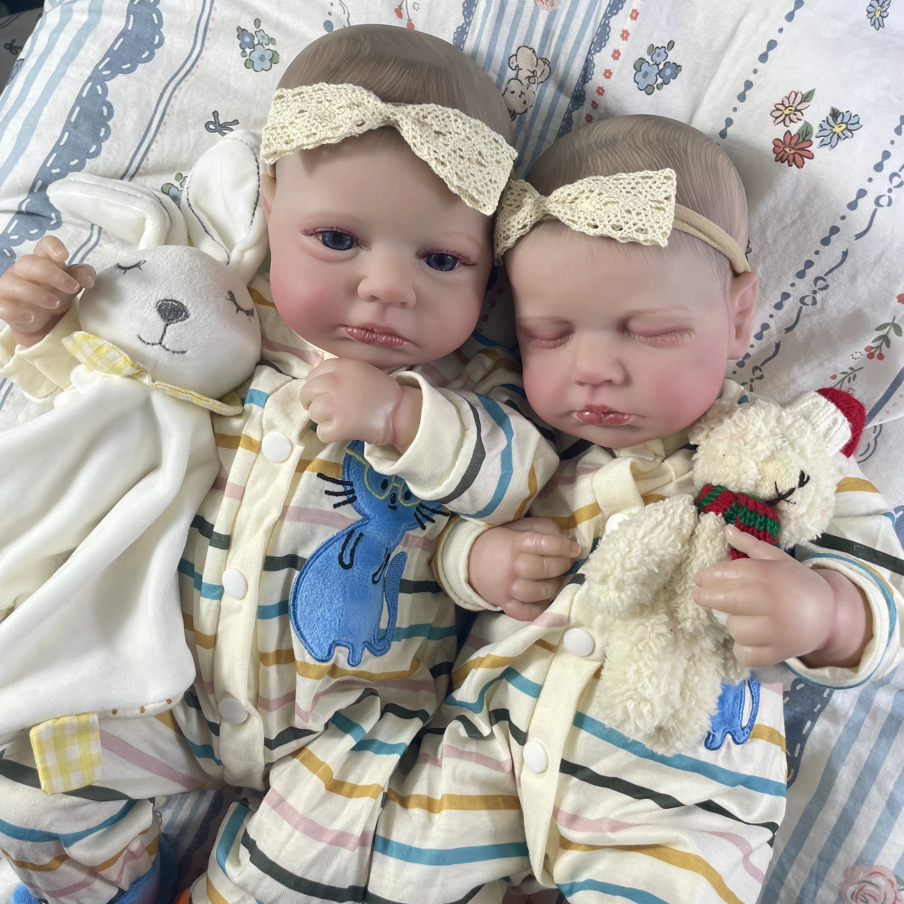 LouLou Twins Menina Acabada Reborn Baby Dolls, Silicone Lifelike, Vinil Recém-nascido, Pele 3D, Boneca Veias Visíveis, Presente de Natal, 50cm