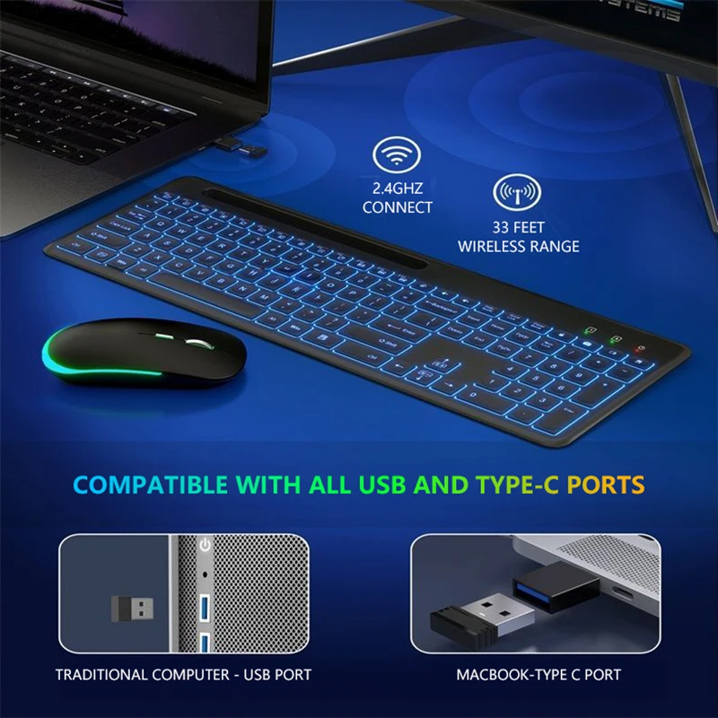 Wireless Keyboard Backlight RGB Luminous Notebook TYPE-C Keyboard And Mouse Set Silent Keyboard