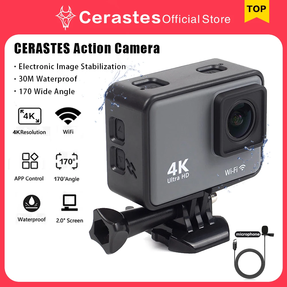 CERASTES Action Camera 4K60FPS WiFi Anti-shake Action Camera With Remote Control Screen Waterproof Sport Camera drive recorder