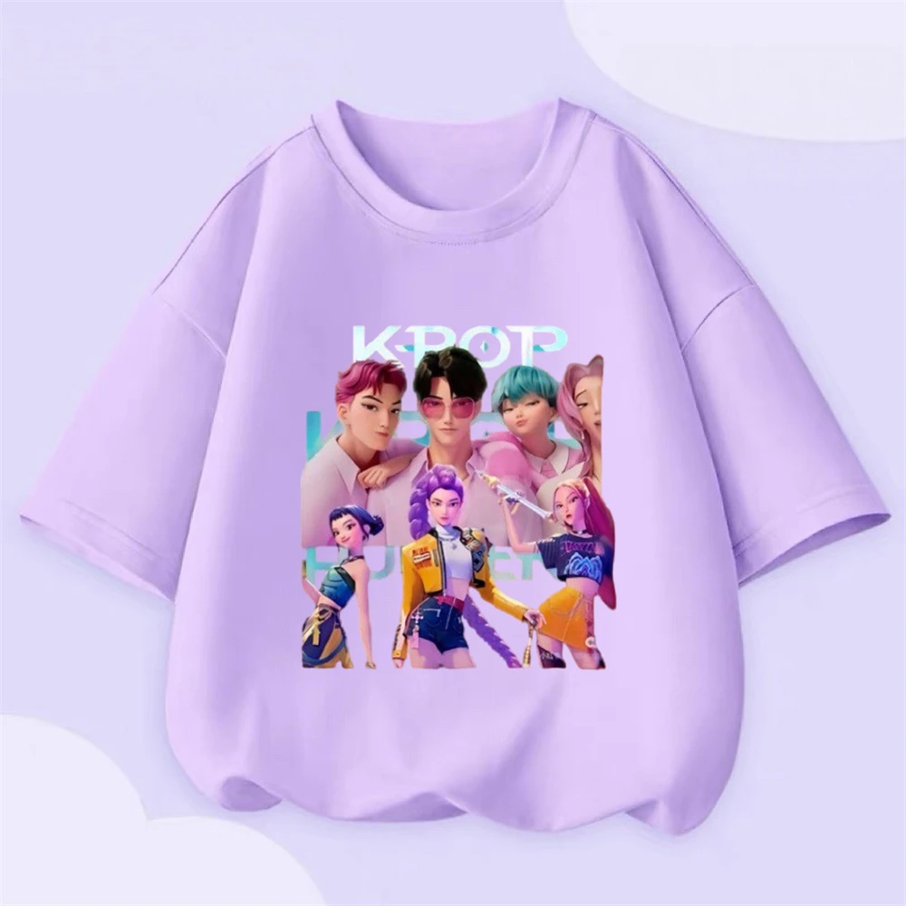 Kpop الفتيات ملابس الصيف الأرجواني تي شيرت قصير الأكمام بلايز الكرتون المطبوعة Crewneck قاعدة قميص كل مباراة تيز ملابس القطن الخالص