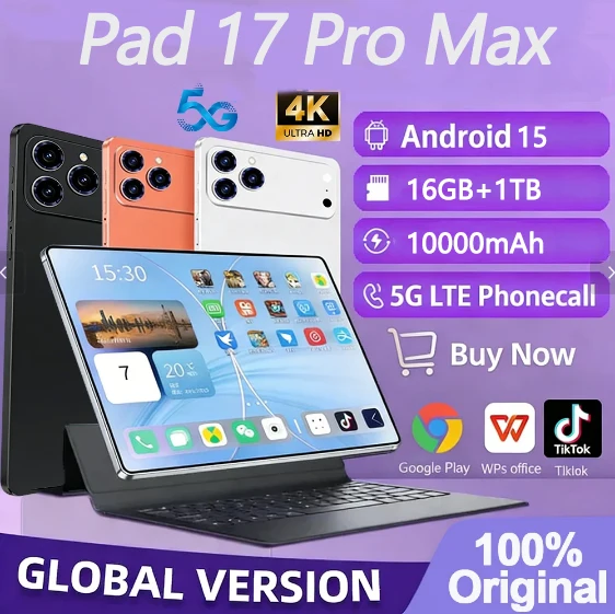 

HOT 2026 New Pad 17 Pro 16GB+1TB Dual Card Tablet 10000mAh Android 15 10.1 inch Snapdragon 8 Gen3 Core WIFI+GPS Tablet