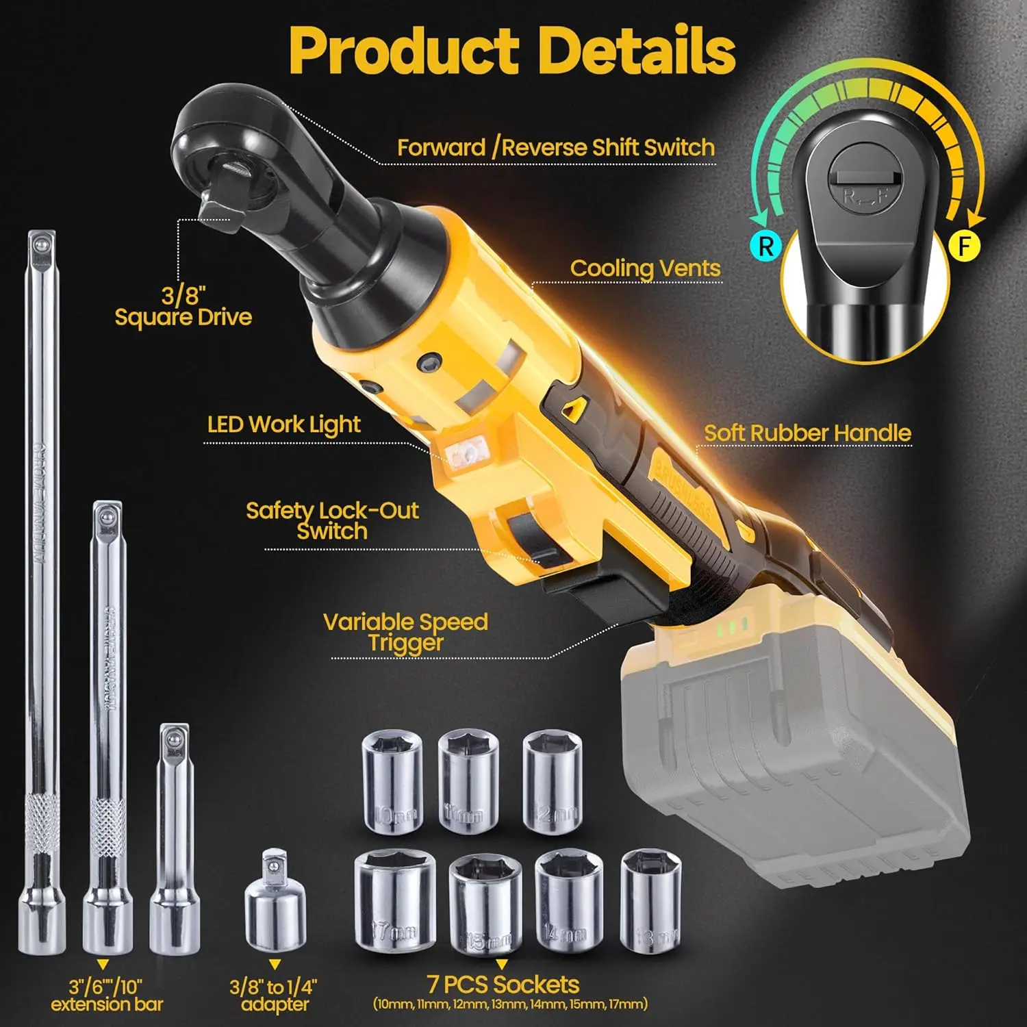مفتاح ربط بسقاطة لاسلكي بدون فرش 3/8 بوصة - عزم دوران 75 قدم رطل، 300 دورة في الدقيقة، ضوء LED، يتضمن محول وملحقات