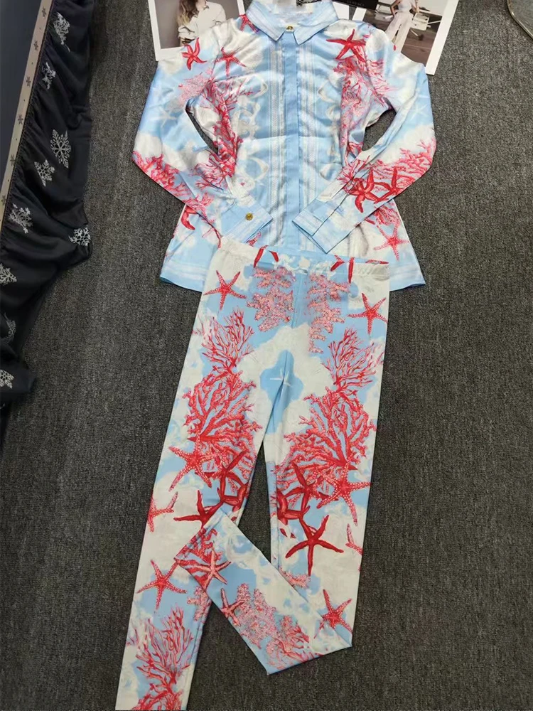 Moda impressão lapela single-breasted camisa de manga comprida primavera novo terno feminino + cintura alta elástica pés finos calças terno de duas peças