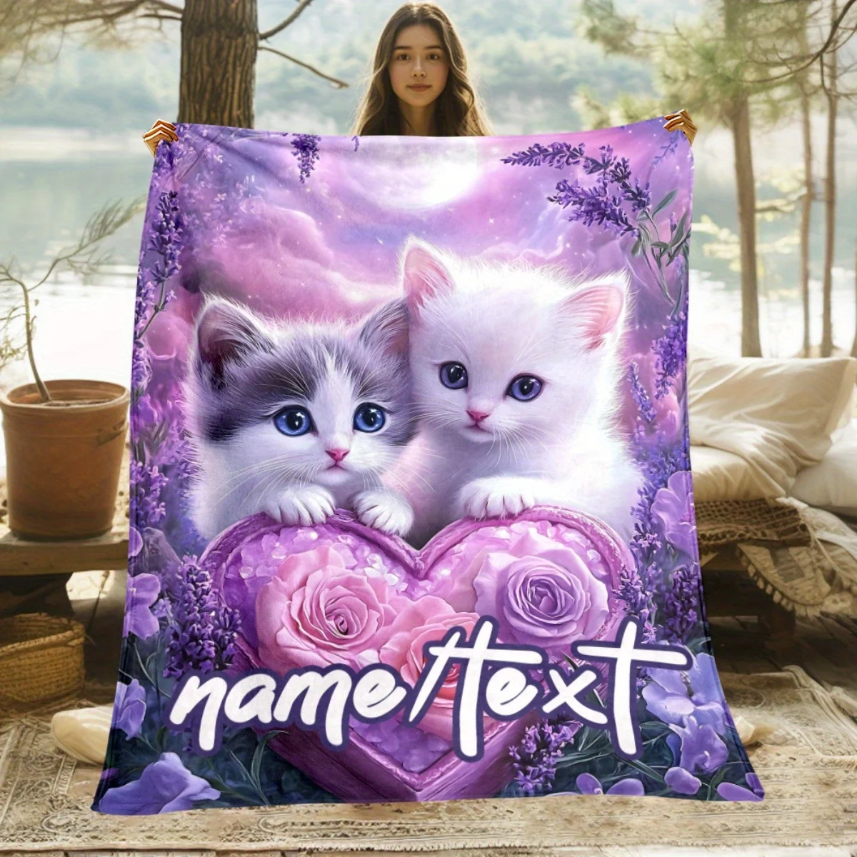 Custom Cat Blanket Two Kittens Purple Heart Lavender Flowers Design Personalized Name Fleece Throw All Season Soft Warm Bedding