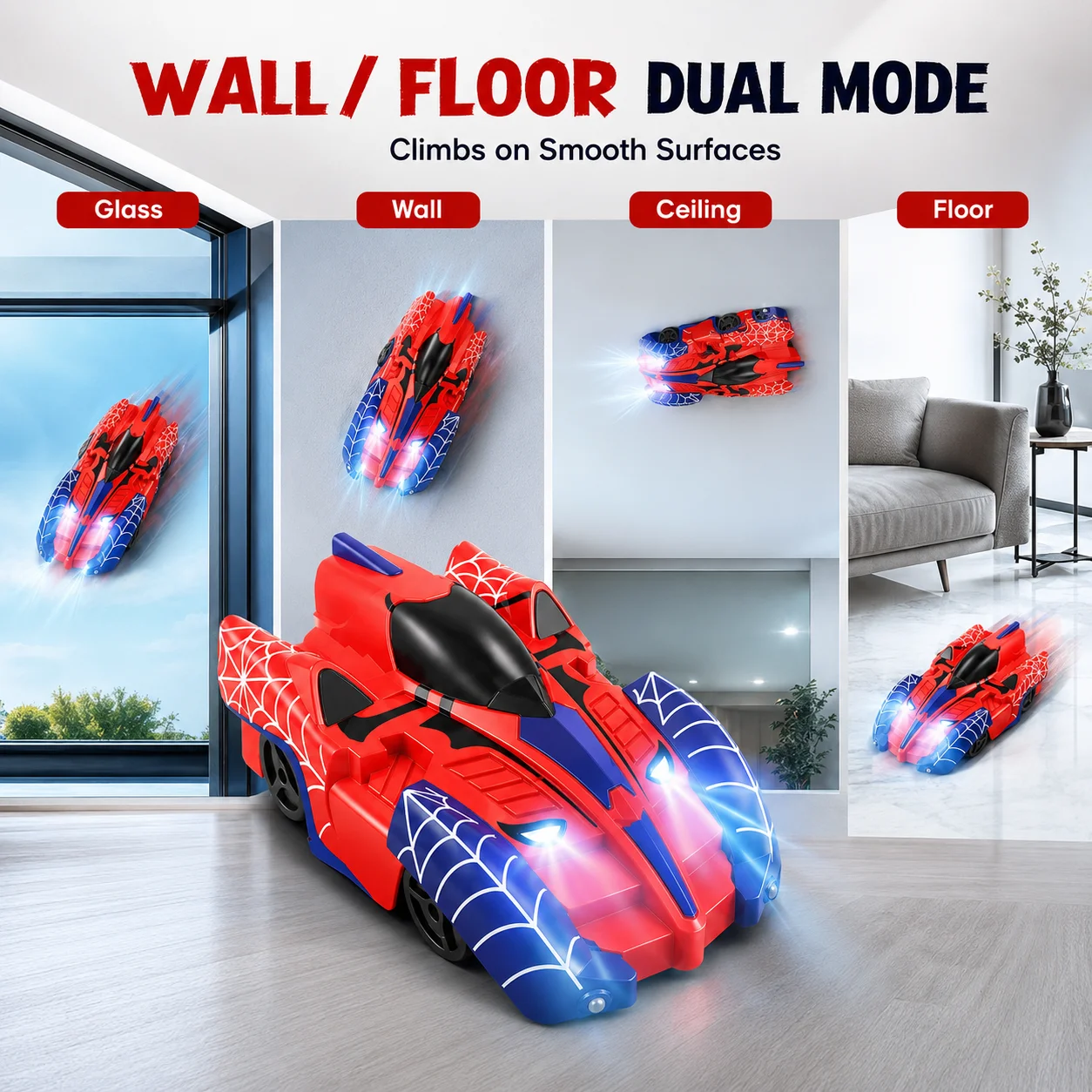 RC Wall Climbing Spider Car Remote Control Zero Gravity Vehicle 360° Rotation LED Lights Rechargeable Indoor Toy for Kids Gift