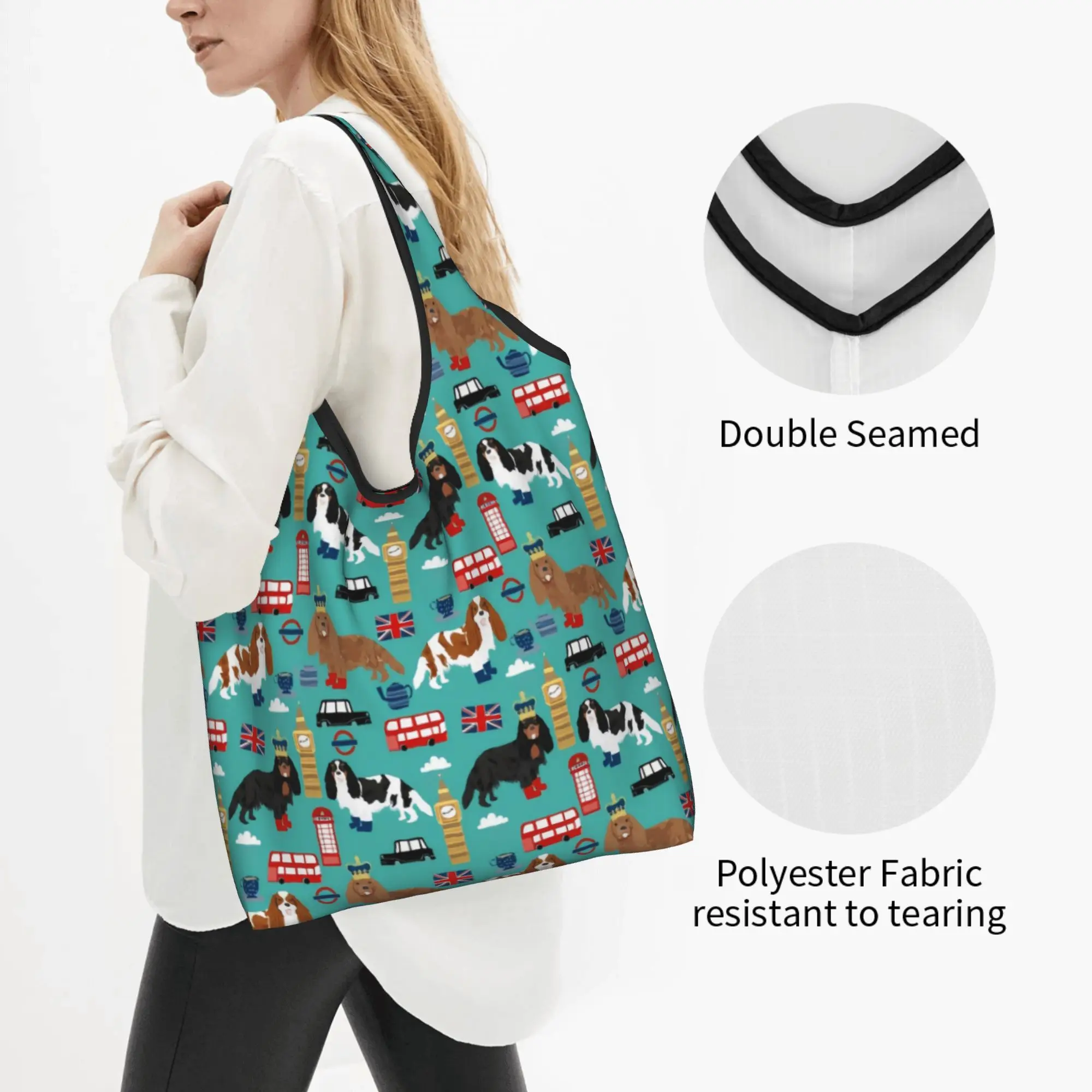 Custom Cavalier King Charles Spaniel in London  Shopping Bags Women Portable Large Capacity Groceries Pet Dog  Shopper Tote Bags