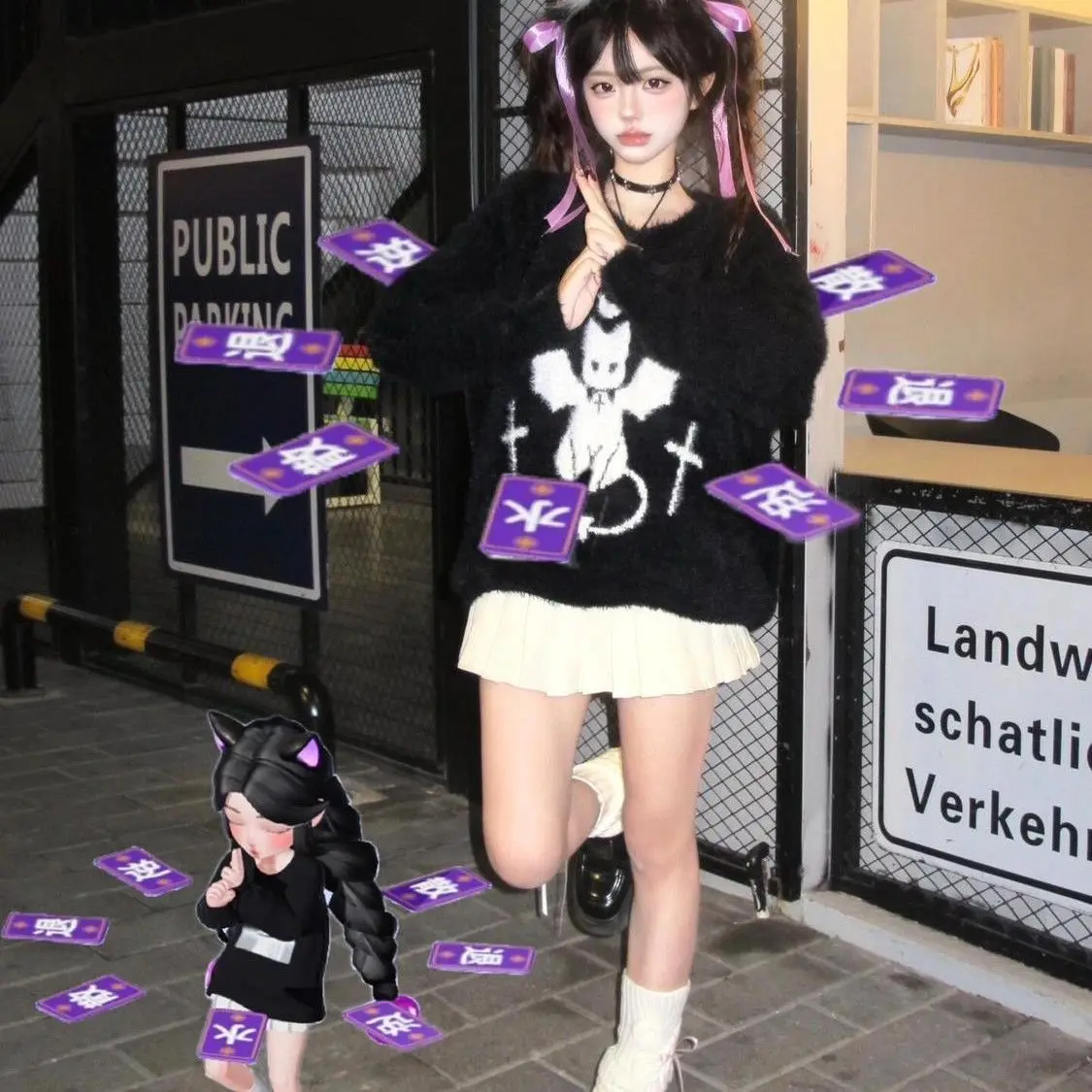 ثقافة فرعية لطيف الملاك الشيطان القط المطرزة فضفاض البلوز سترة خمر Harajuku y2k E-الفتيات kawaii الجمالية الحلو سترة