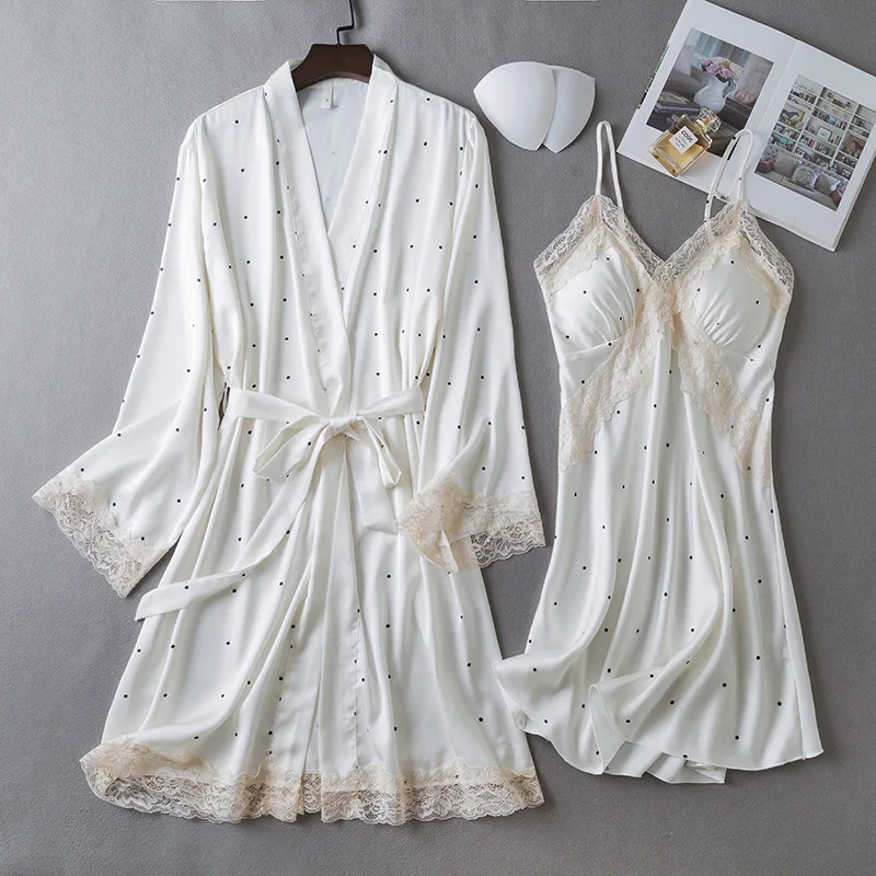 Lace Bathrobe Gown Suit Summer Silky Satin Kimono Sleepwear Home Clothes 2PCS Robe Set Nightgown Women Nightdress Loungewear