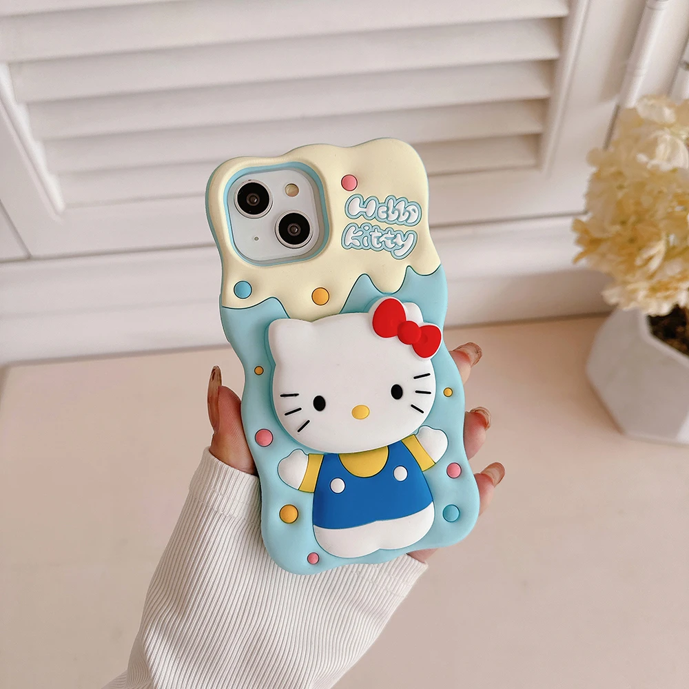 Cute Cartoon Cream Hello Kitty Telescopic Bracket Phone Case for IPhone 15 14 13 12 11 Pro Max Soft Silicone Back Cover Funda