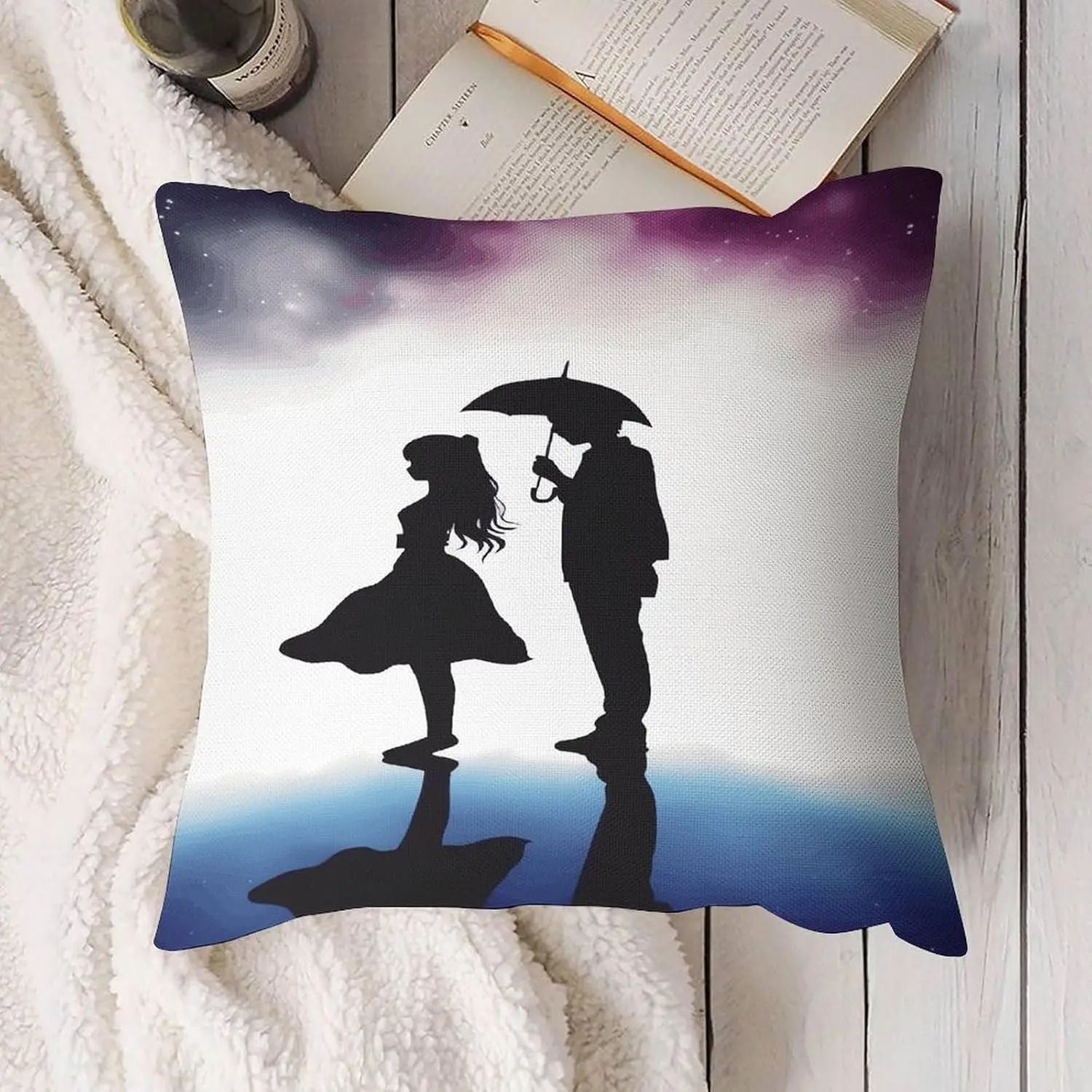Romantic Couple Silhouette Pillowcase, Galaxy Starry Sky Umbrella Cushion Cover, Love Home Decor, Square Throw Pillow Case