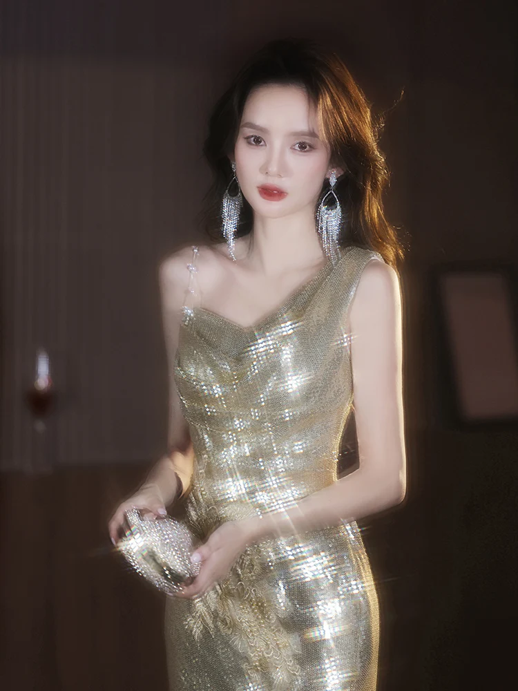 

Gold Evening Gown Tailored High-End Luxury Sexy Sequin Fi Tail Evening Dr for Wedding Par Performance Sexy Mid-Waist L...