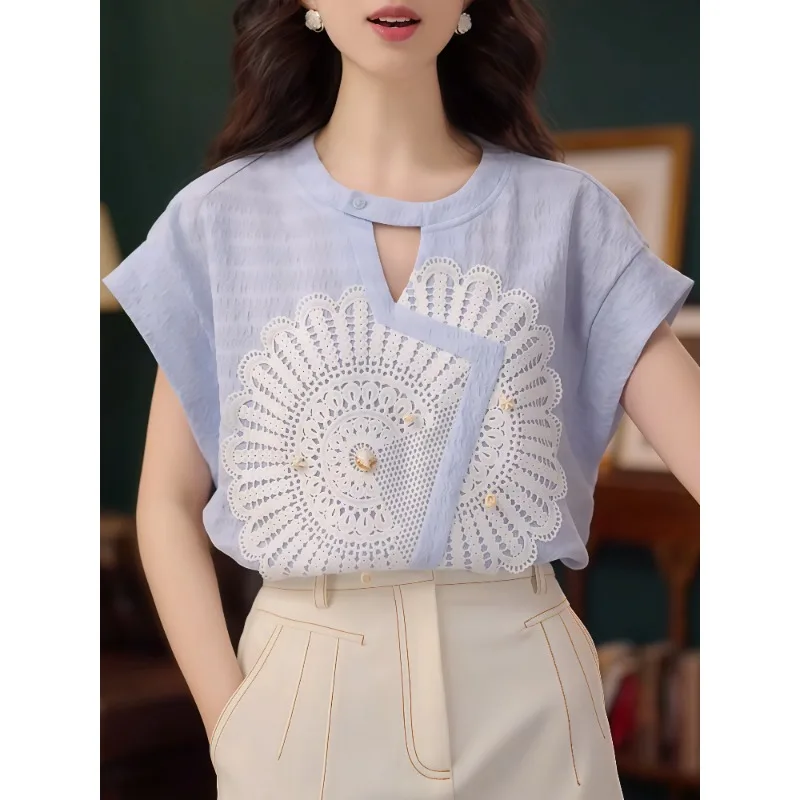 

Women's Casual Retro Blue Round Neck Short Sleeve T-Shirt Summer New Lace Patchwork Loose Versatile Top