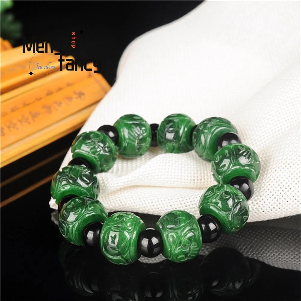 Natural Burma Jadeite Dry Green Carved Bracelet Retro Charms Fashion Emerald Fine Jewelry Amulet Men Women Luxury Holiday Gifts
