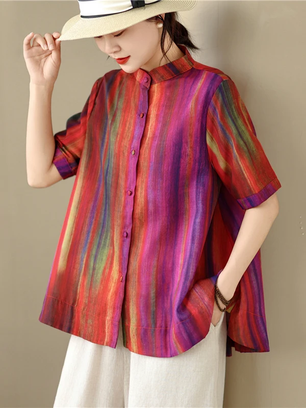 

Retro Style Oversized Striped Shirt Stand Collar Sleeveless Women's Summer Fashion Vintage Color Block Outlet Store Shirt