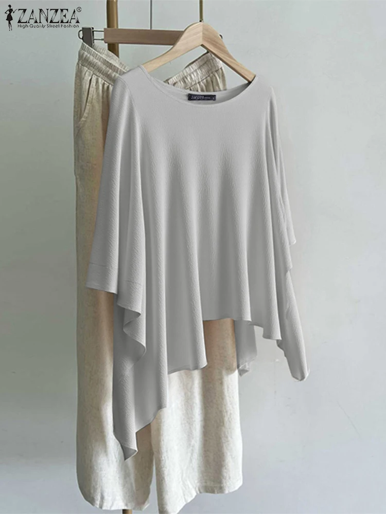Plus Size 5XL ZANZEA Women Asymmetrical Blouse 2025 Autumn Bat Sleeve Casual Tops O-Neck Solid Color Shirts Loose Korean Blusas