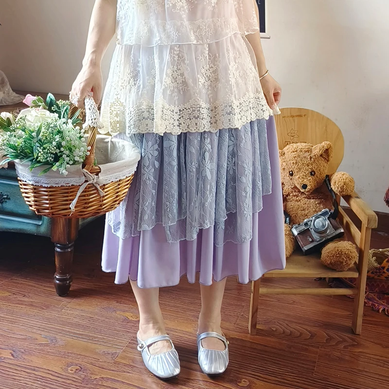 Japanese New Mori Girl Fairy Skirts Women Clothing Lace Stitching Embroidery Mesh Sweet Female Lolita Princess Skirts A020