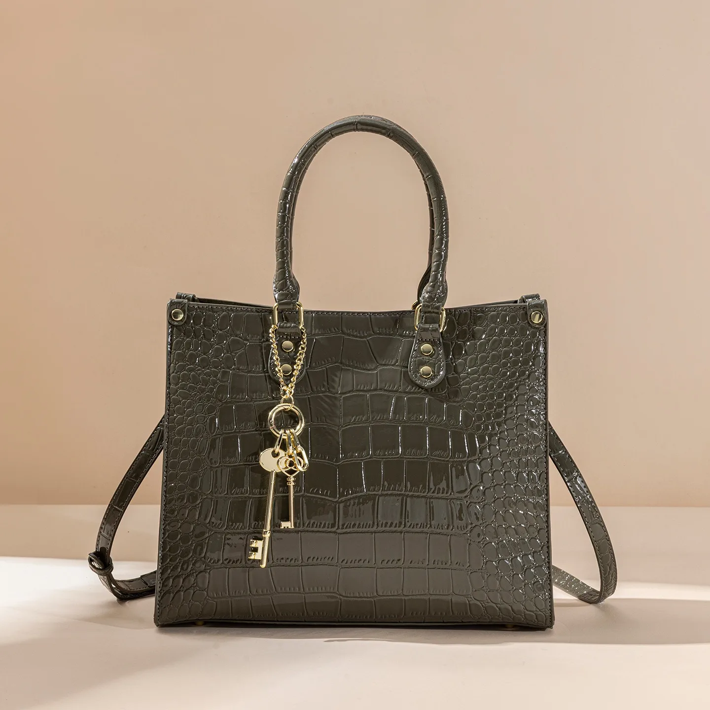 Vintage Crocodile Embossed Tote Bag with Gold Key Charm, Luxury Designer Dark Grey Satchel, Trendy Top Handle Crossbody Purse