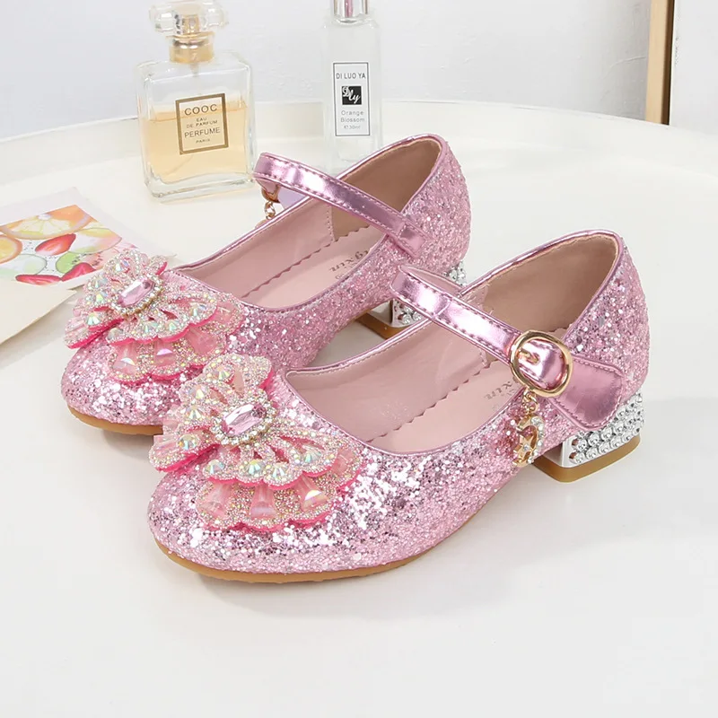 2024 New Children Leather Shoes For Girls High Heels Sequin Princess Bow Kids Dance Shoes Attend A Evening Party Shoes