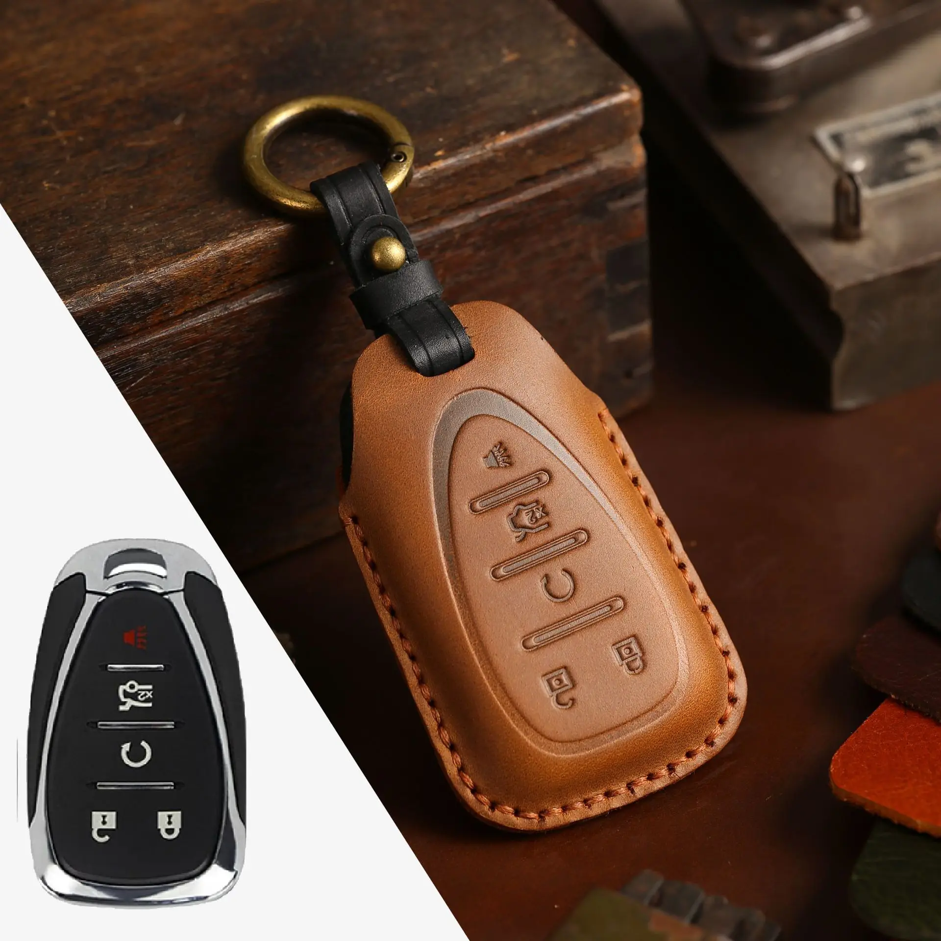 1pc handmade Leather Car Key Fob Case Cover For Chevrolet Blazer For Cruze For Malibu For Camaro Auto Key Case Accessories