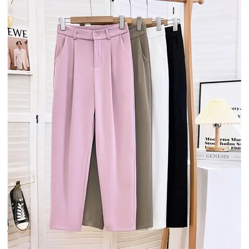 Imagen 2 del producto Pantalones coreanos de cintura alta de nueve puntos para mujer, pantalones informales holgados de oficina para otoño y verano, pantalones de trabajo de Color sólido a la moda, novedad