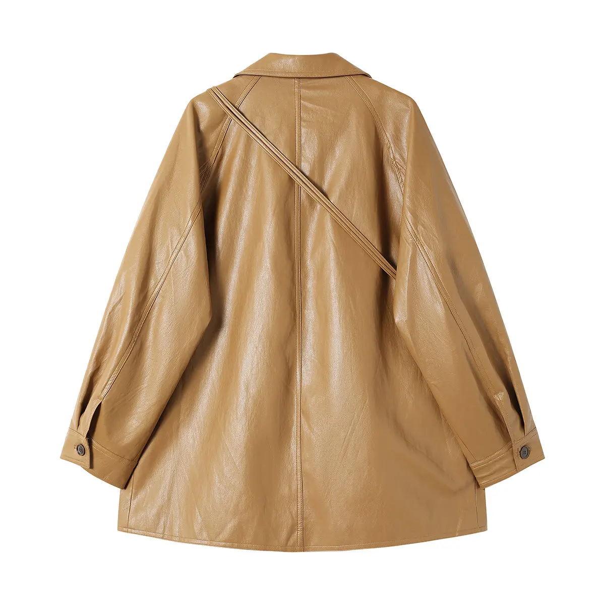 الرجعية فو الجلود السترة معطف للنساء 2025 ربيع الخريف واحدة الصدر التلبيب طوق منتصف طول سترة جلدية فضفاضة