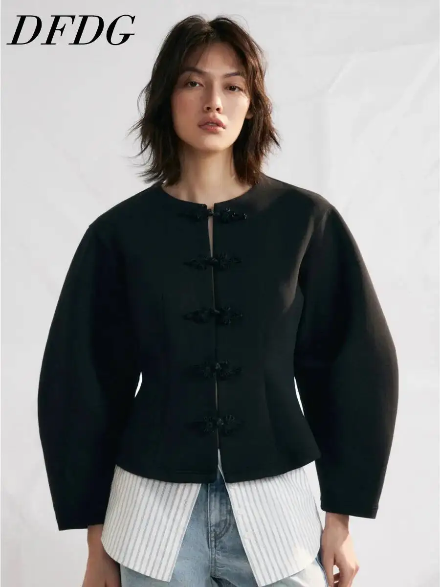 DFDG Women 2026 Spring Autumn Chinese Style Blazer Round Neck Frog Knot Buttons Lantern Sleeve Cinched Oriental Short Jacket