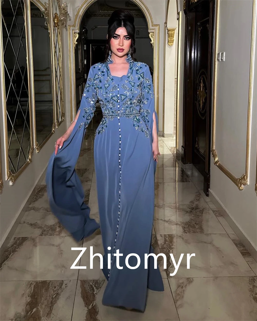 Matching High Quality Square A-line Celebrity Dress Beading Paillette / Sequins Floor Length Chiffon Evening 2023 Saudi Arabia