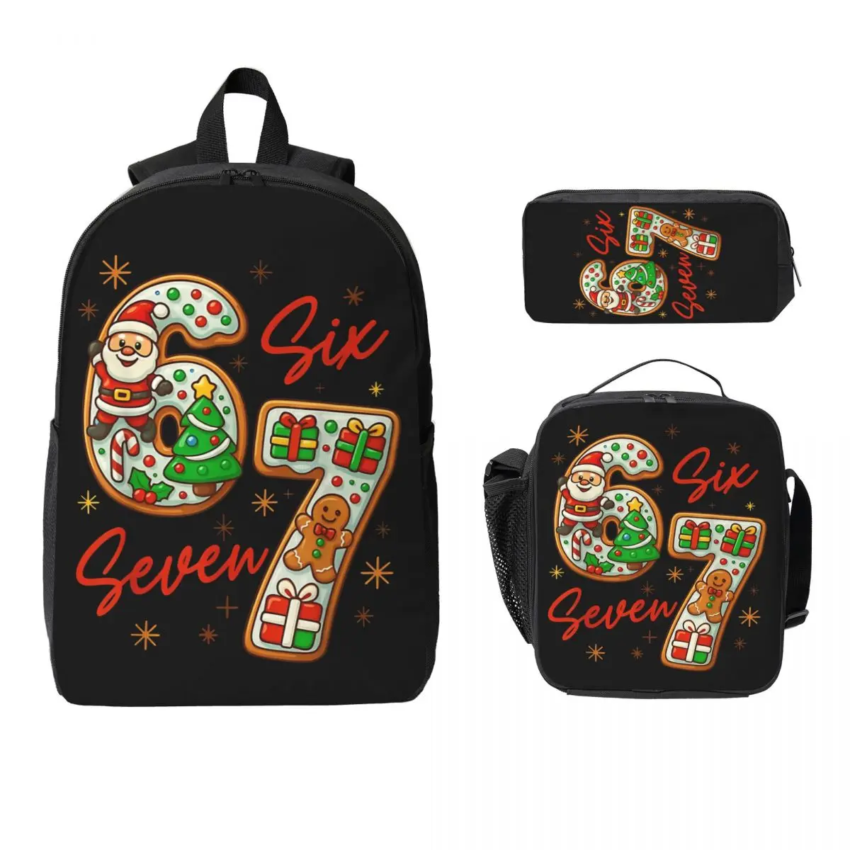 Funny Six Seven 67 Meme 6 7 Christmas Santa 3pecs/set Backpack for Student Shoulder Bag Lunch bag Pencil Case
