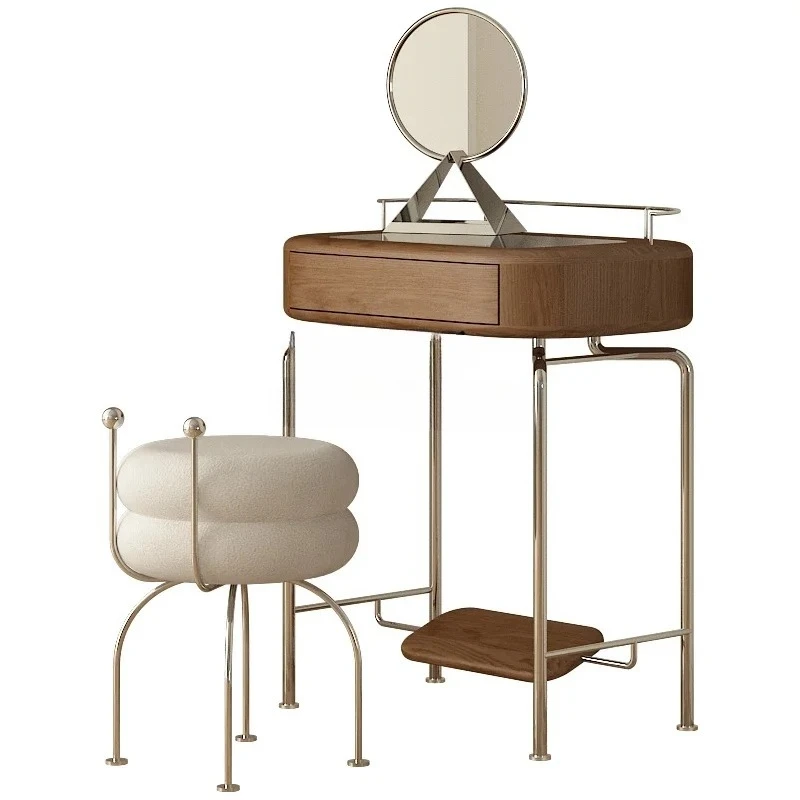 

Small Apartment Dressing Table Solid Wood Retro Black Bedroom Glass Surface Stainless Steel Art Mini Makeup Stool