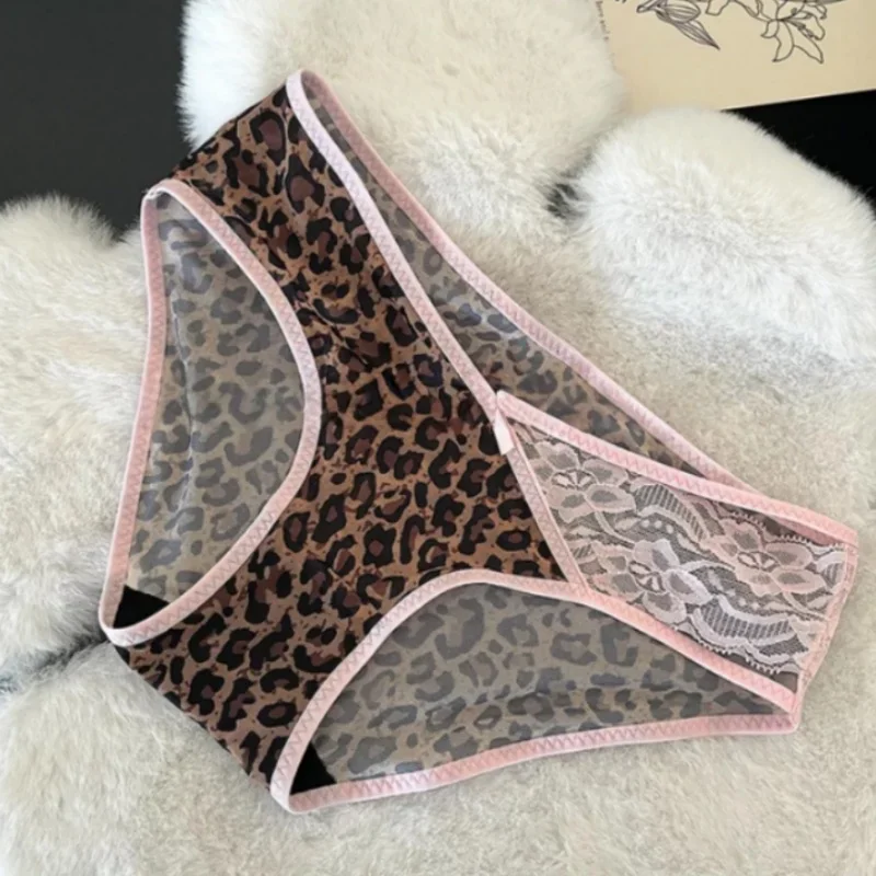 Sexy Leopard Print Hollow Out Underwear Women's Low Waist Lace Trim Butt Covering Panties Plus Size Hottie Briefs