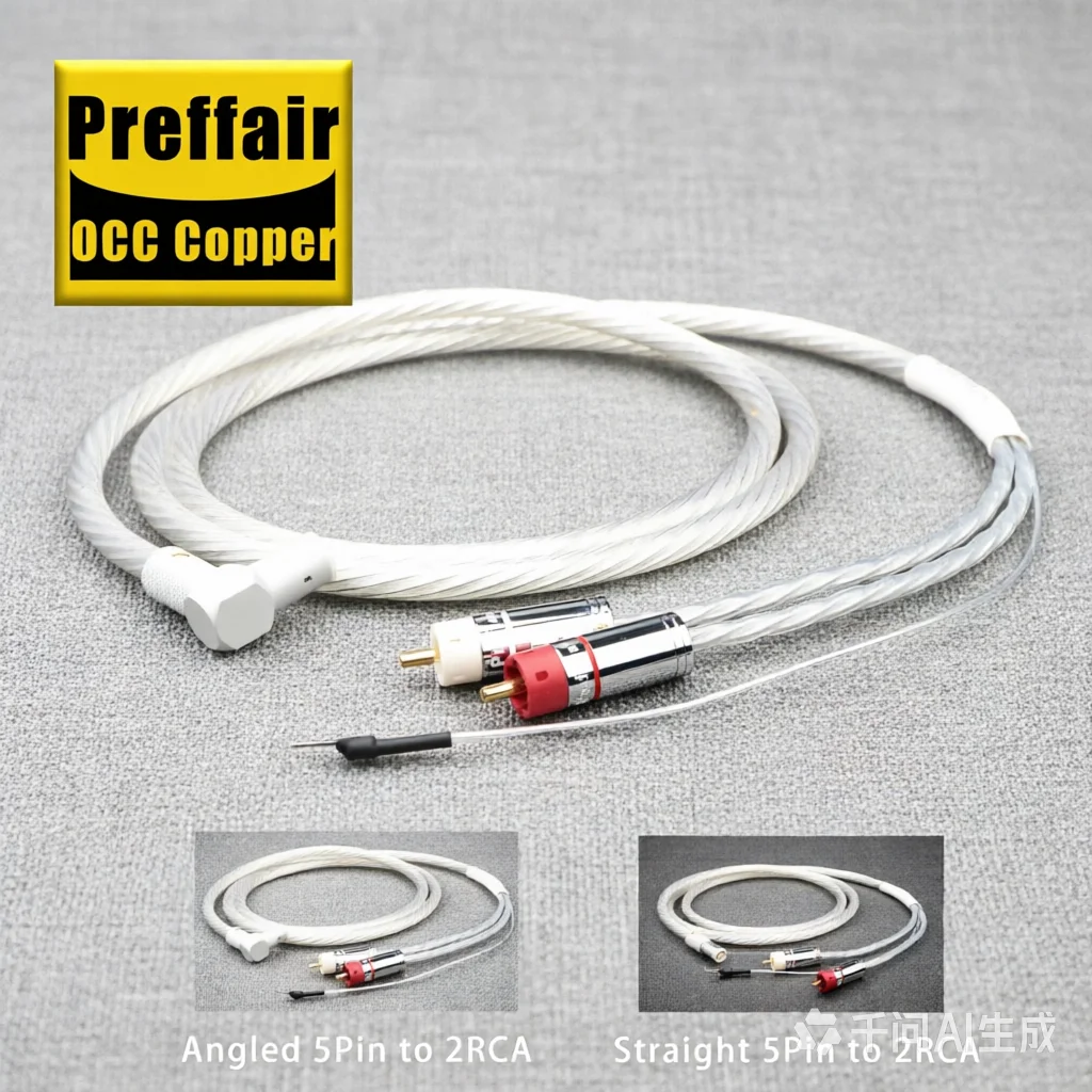 Preffair X417S HiFi OCC Silver-Plated 5-Pin to RCA Tonearm Cable for LP Vinyl Records - Phono Line with Y-Spade Grounding
