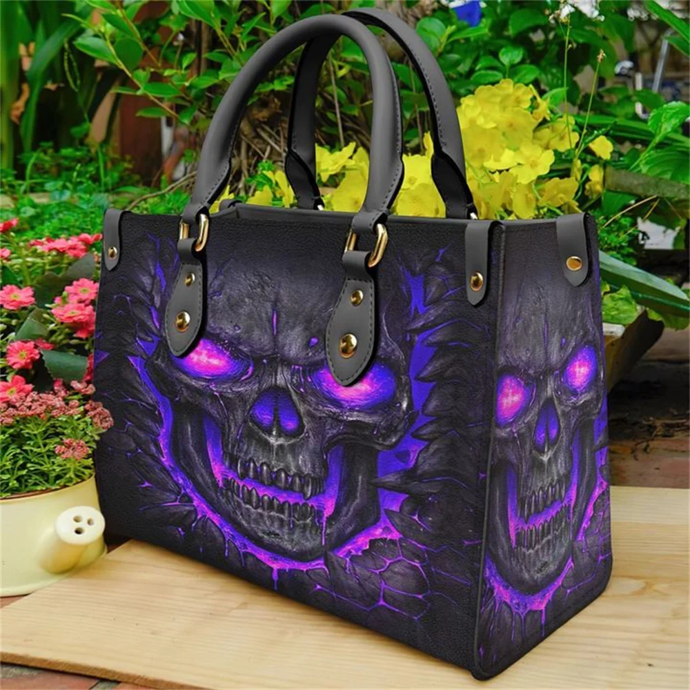Tas Kulit Tengkorak Ungu Tas Tangan untuk Wanita Fashion Kecil Kasual Tote Mewah Selempang Bahu Bolsa Wanita Top-handle Sac