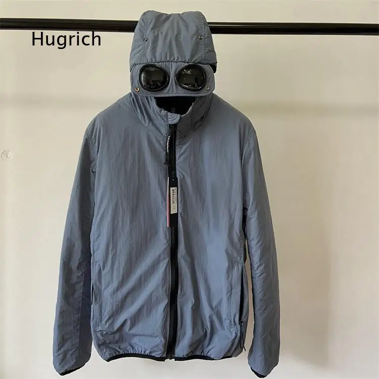 Male Light Blue Tech Goggle Hood Nylon Jacket Full Zip Integrated Mask Lens Hood Side Zipper Pockets Street Outer Coat