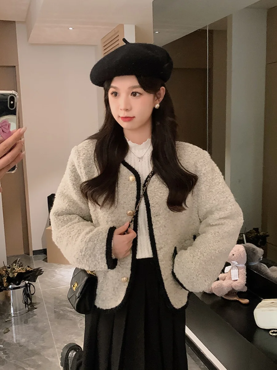 

Anli Winter Thiened ey Woolen Coat Cotton Lined Warm Outerwear Sweet Youthful Loose Sle Versatile V-Ne Women's Jaet