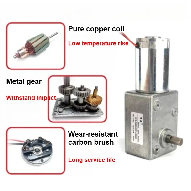 High-torque 200 Kg.cm DC 24V Low-speed Worm Gear Reducer Motor with Forward and Reverse Speed Control Metal Self-locking Feature